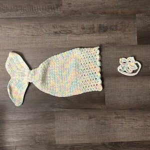 Handmade pastel rainbow mermaid tail with matching headband.